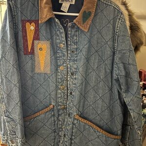 Haik’s Women's Vintage Blue Jean Jacket with Heart Accents and Corduroy Collar
